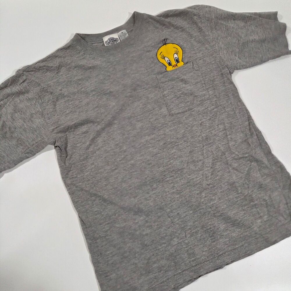 Vintage 90s Warner Bros Looney Tunes Acme T-shirt Embroidered Tweety Pocket Gray